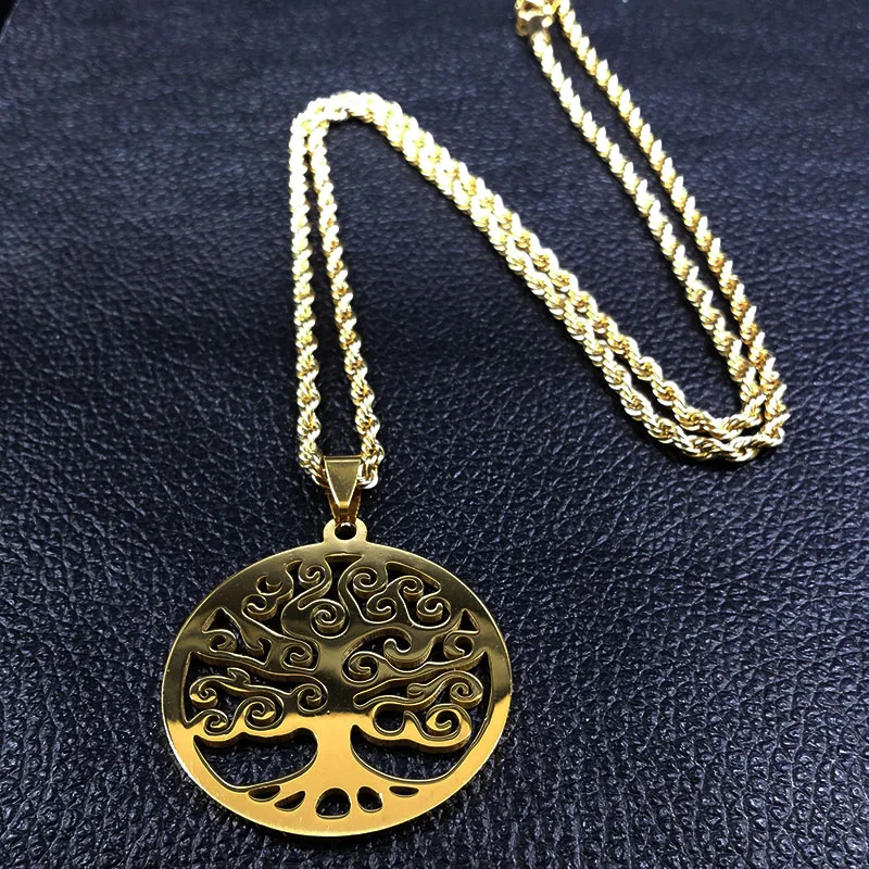 Tree of Life Stainless Steel Necklaces Gold Color Women Sweater Long Chain Necklaces Jewelry arbre de vie acier inoxydable