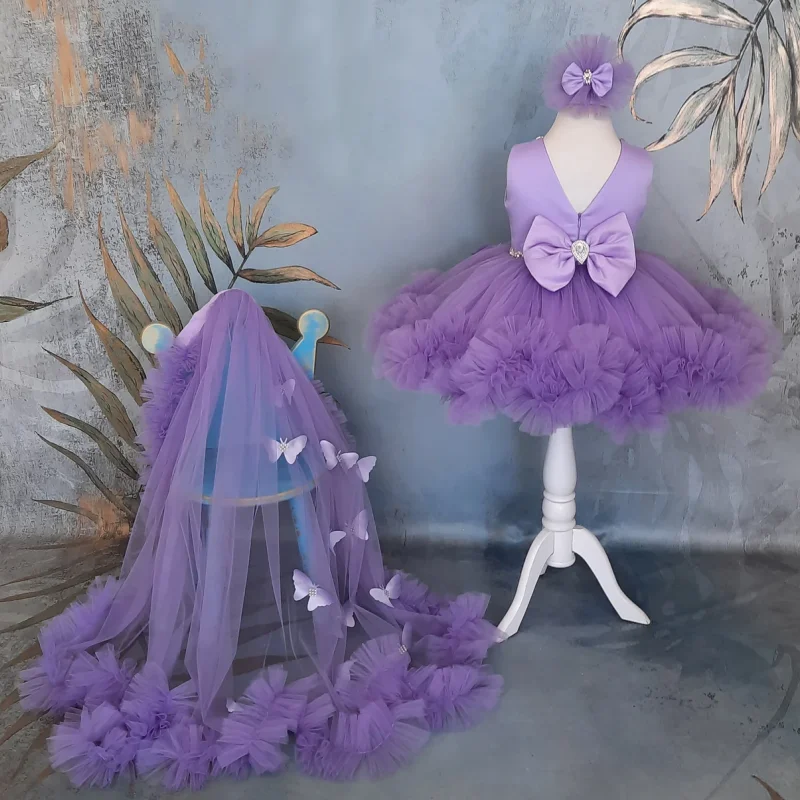 Purple Flower Girl Dresses Tulle Butterfly With Bow And Tailing Sleeveless For Wedding Birthday Party First Communion Gowns