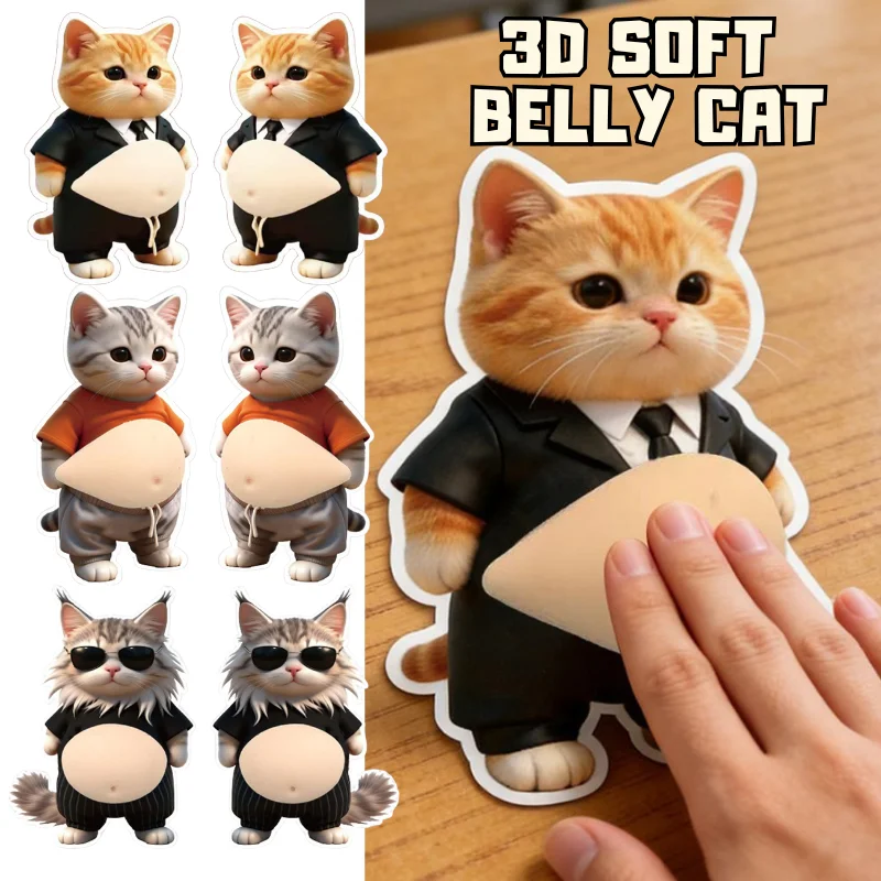 

3D Funny Cat Belly Squeezing Sticker 2PCS Cute Orange Apparel Stickers Soft Silicone Self-Adhesive Bubble Sticker For Decor