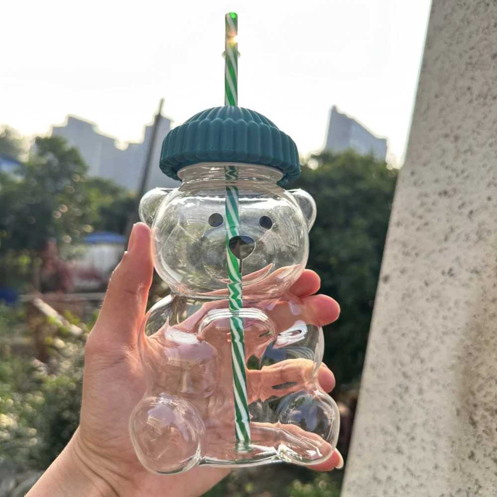 

2025 New 500ML Cartoon Bear Shaped Coffee Mug Cute Bear Mug Glass Cup With Straw Transparent Creative Milk Coffee Water Cups