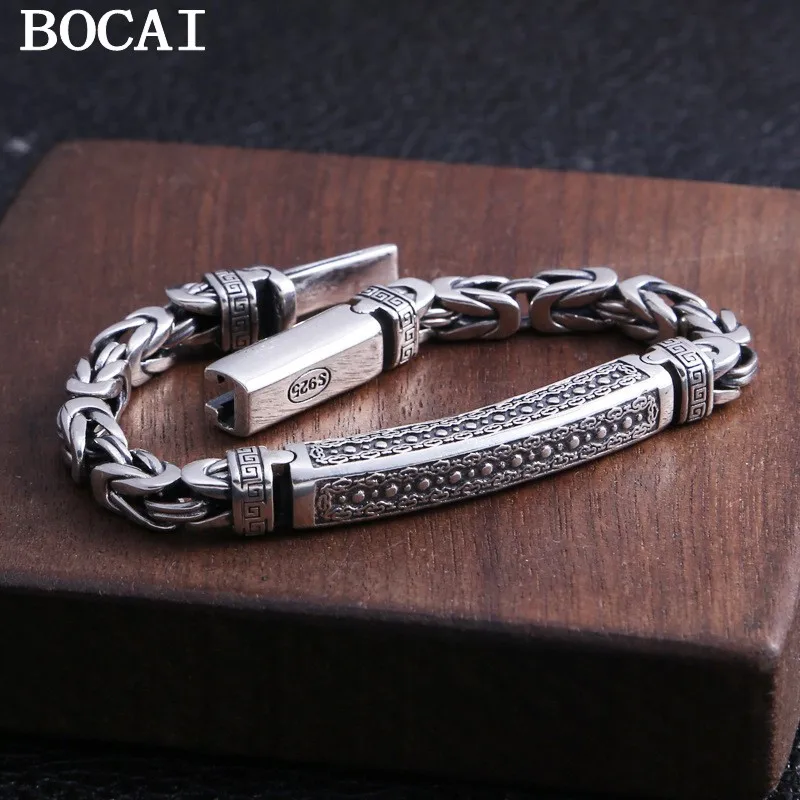 

BOCAI New S925 Sterling Silver Peace Pattern Men's Bracelet Thick Style Simple Jewelry r Bracelet For Man