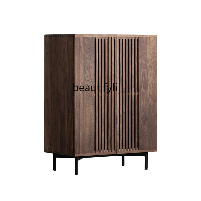 Light luxury black walnut grille shoe cabinet modern minimalist foyer entrance cabinet large space breathable door shoe rack