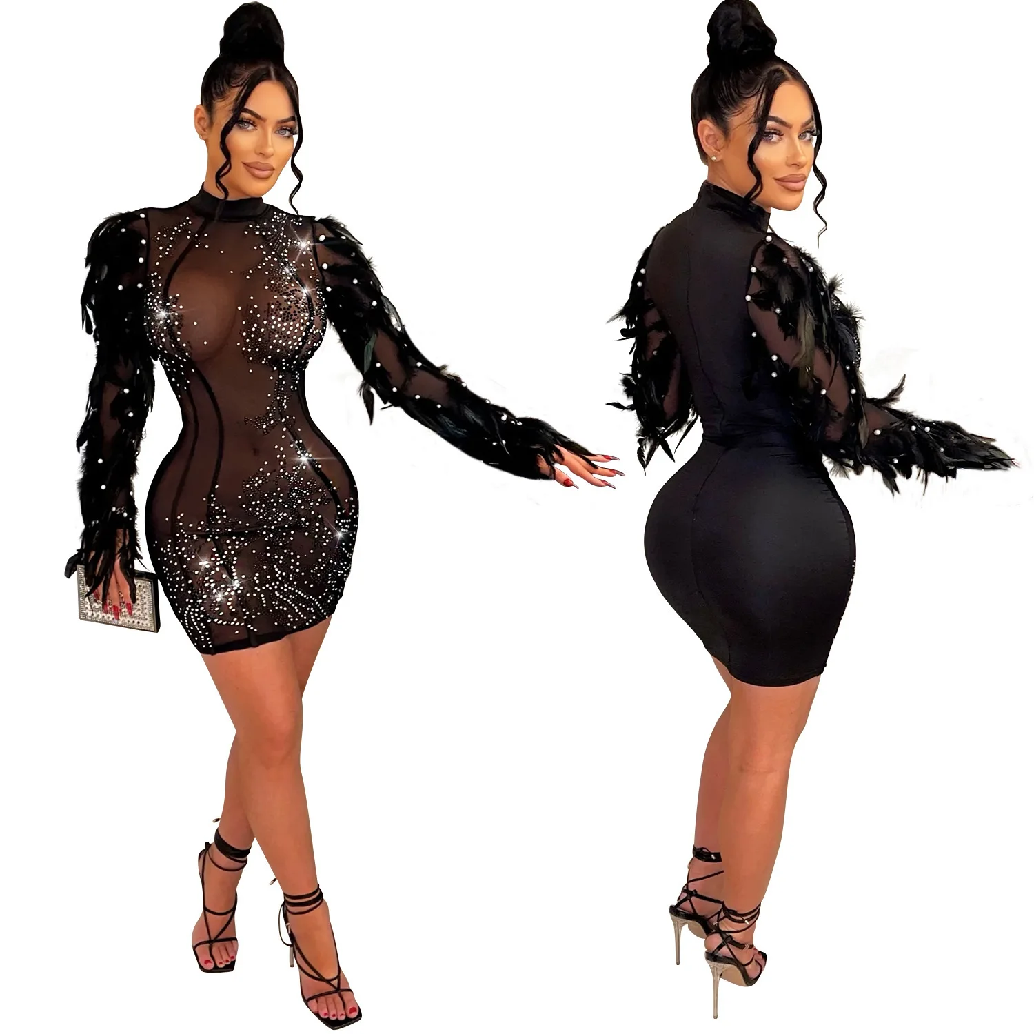 C6802 Modna damska sukienka z siateczki w jednolitym kolorze, z długim rękawem i krótką spódniczką