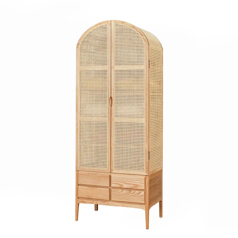 Nordic homestay white ash wood solid wood wardrobe wardrobe bedroom rattan storage cabinet storagesimple double-door single-doo