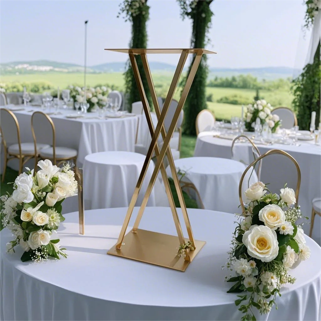 

Three-dimensional golden flower stand, dining table centerpiece, suitable for wedding party opening family outdoor stage decorat