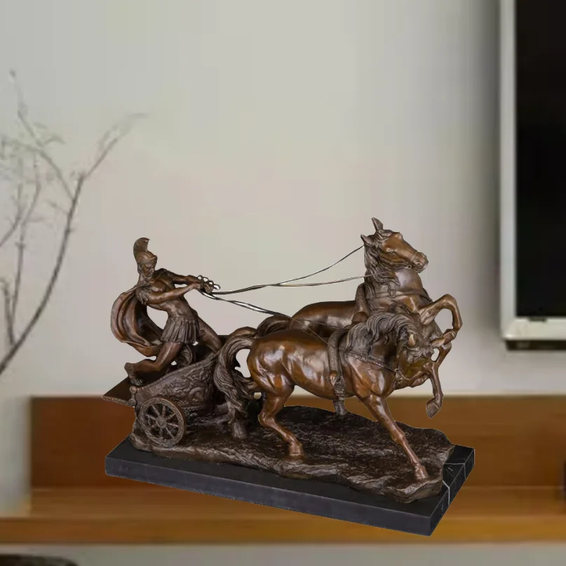 

QW-118 Bronze Sculpture Western Medieval Soldier Driving Chariot Statue Antique Metal Warrior Figurine Museum home Décor