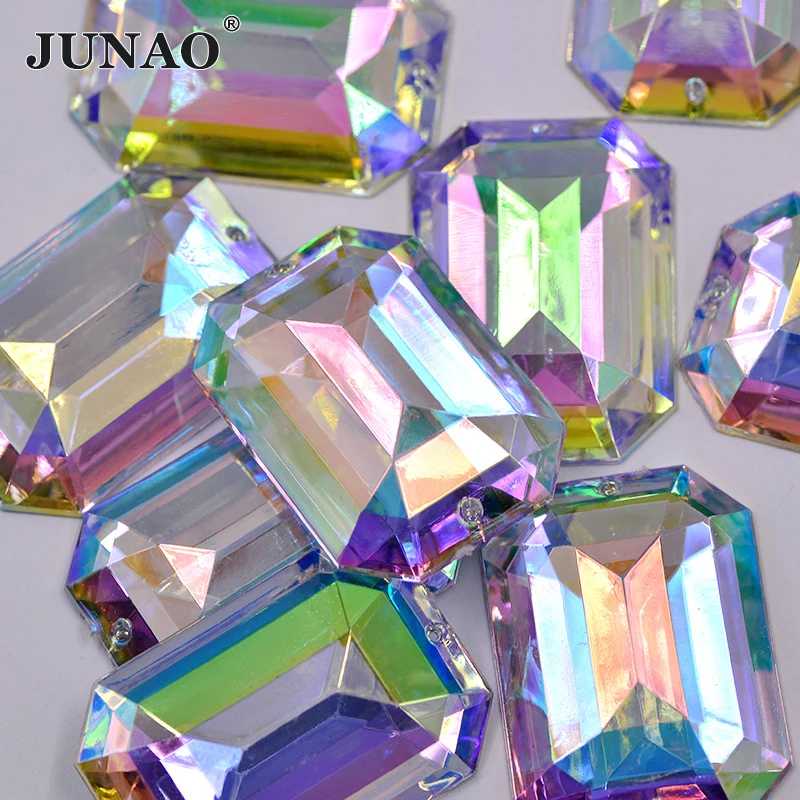 JUNAO 30*40mm 20pcs Sew On Crystal AB Rectangle Rhinestone Applique Large Clear Crystal Stones Big Sewing Faltbak Acrylic Strass