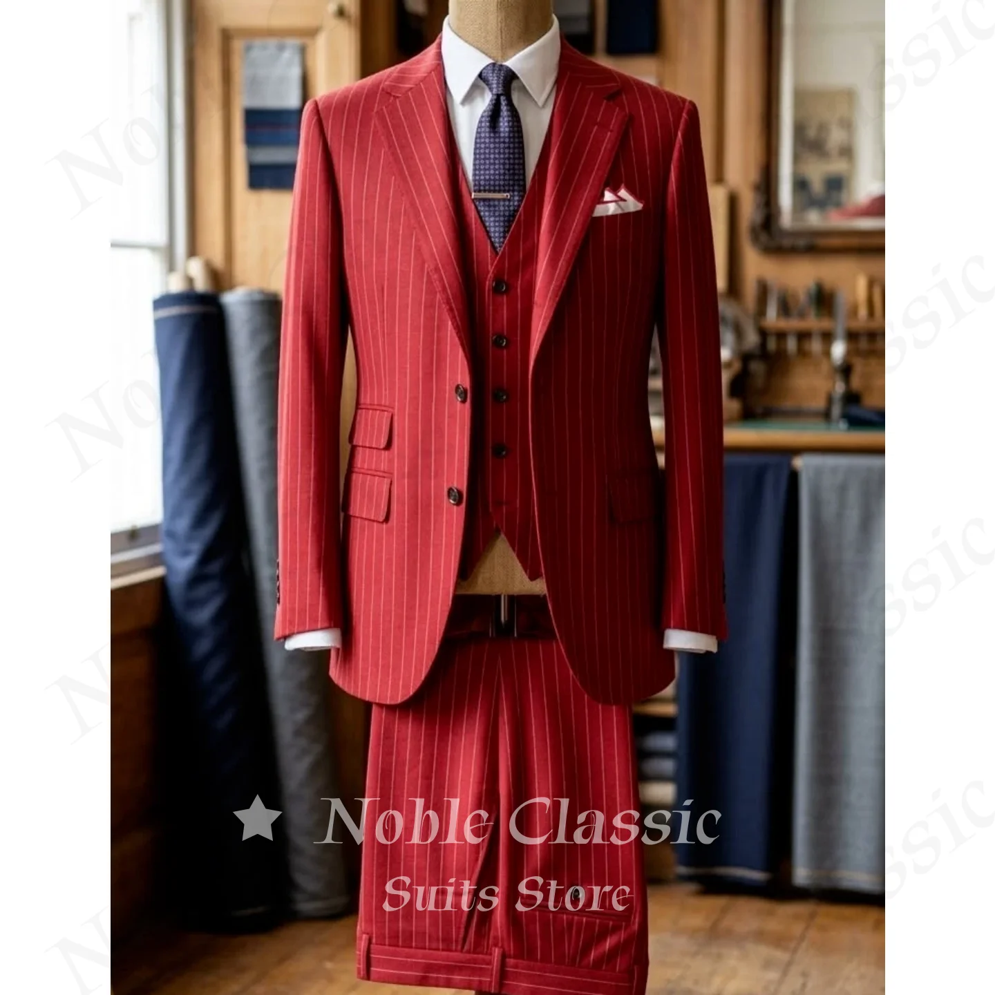 Red Pinstripe 3 Piece Suit Men Peak Lapel Blazer Double Breasted Waistcoat Trousers Set Wedding Groom Business Party Customized
