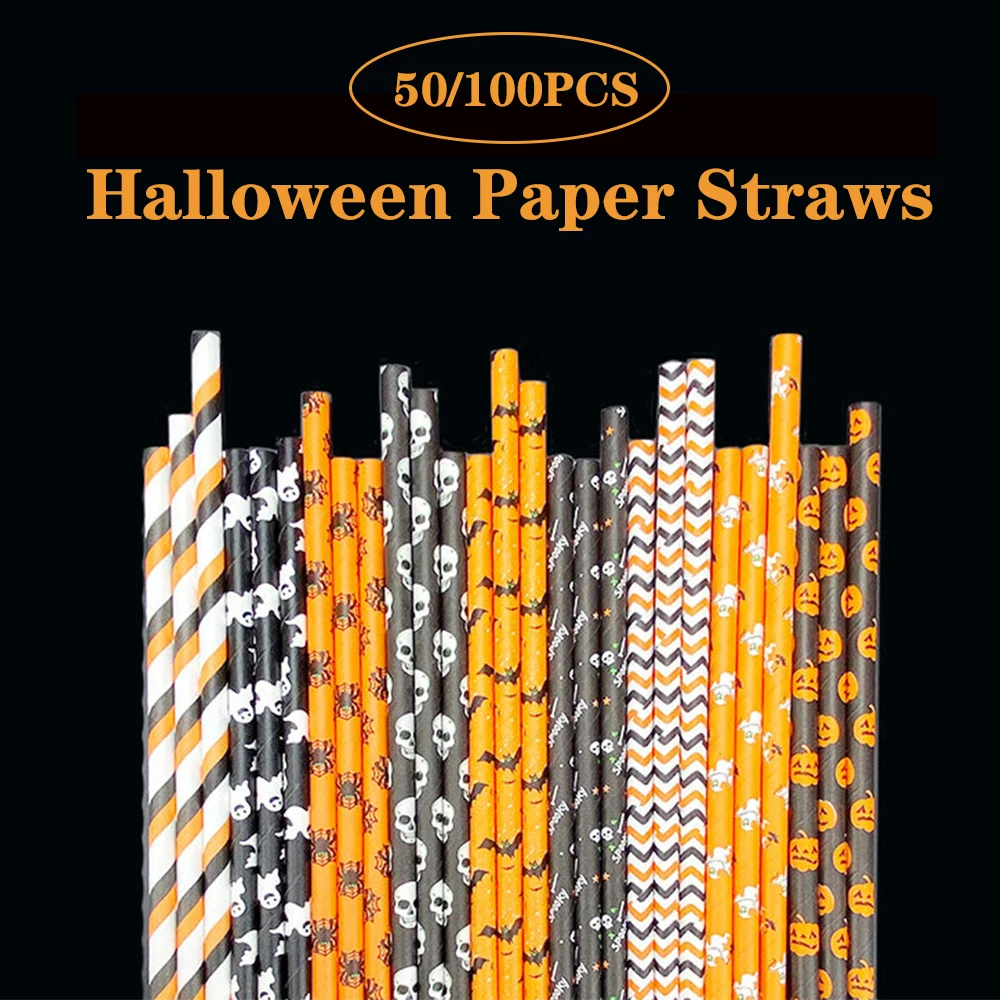 19.8cm Halloween Biodegradable Paper Drinking Straws Pumpkins Bats Ghosts Spider Web Pattern Halloween Party Home Supplies