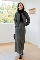 VIMLY Women's Simple Solid Tweed 2Piece Set Autumn Winter Office Lady Outfits Cardigan Short Jacket Straight-cut Slit Skirt Sets