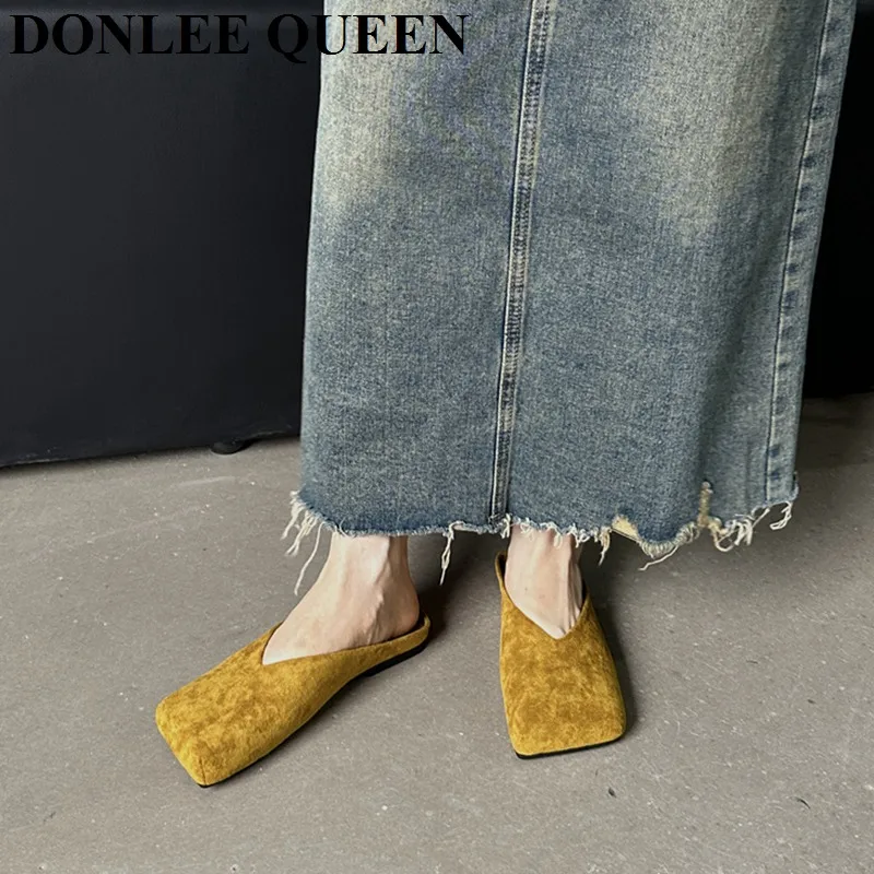 Soft Leather 2024 Ins Yellow Buckle Strap Casual Shoes Fashion Flats Elegant Glitter Metallic Mule Shoes Closed Toe Slippers New