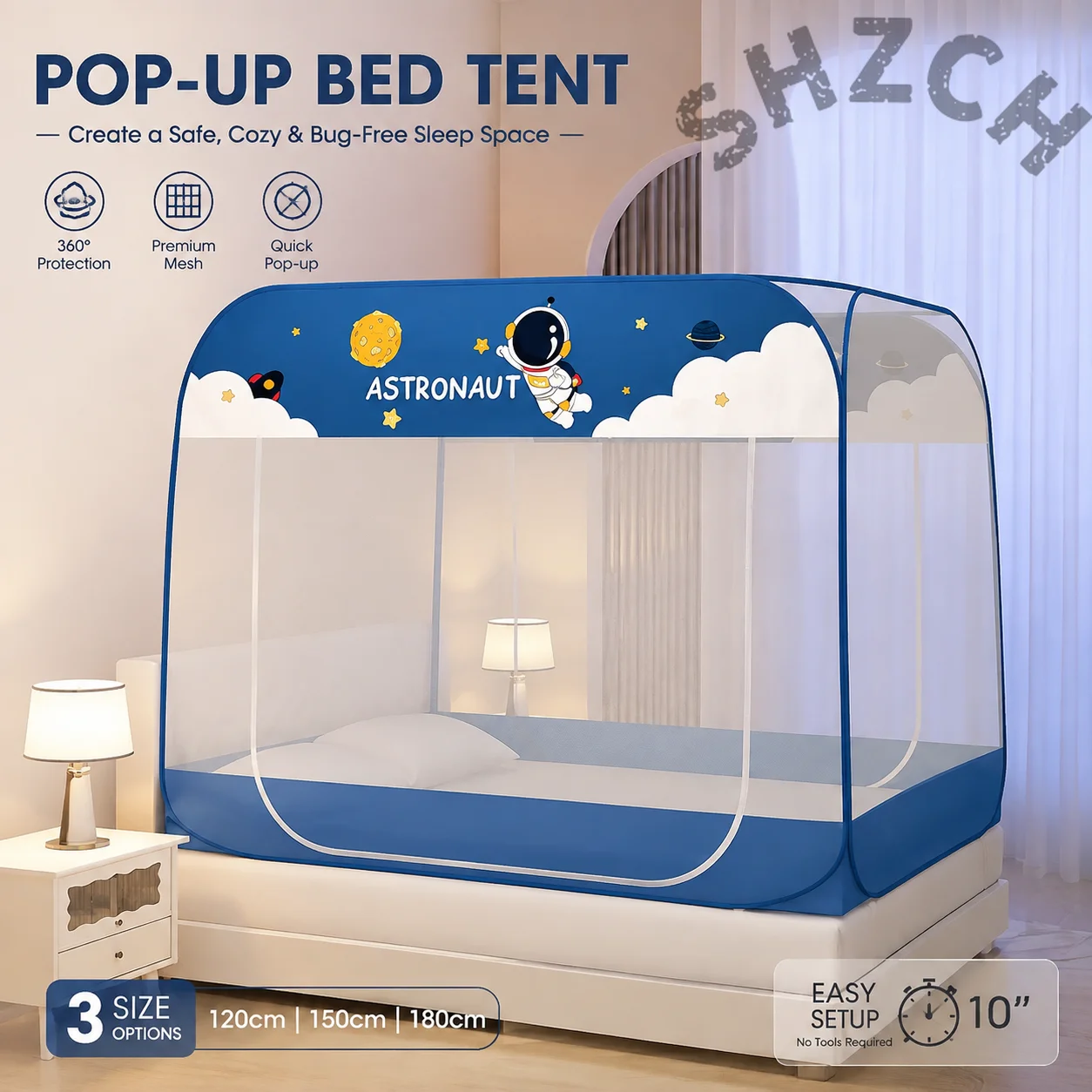Pop Up Mosquito Net Tent 360° Protection High Density Mesh Dual Doors Mosquito Net for King Queen Full Size Bed with Cute Print