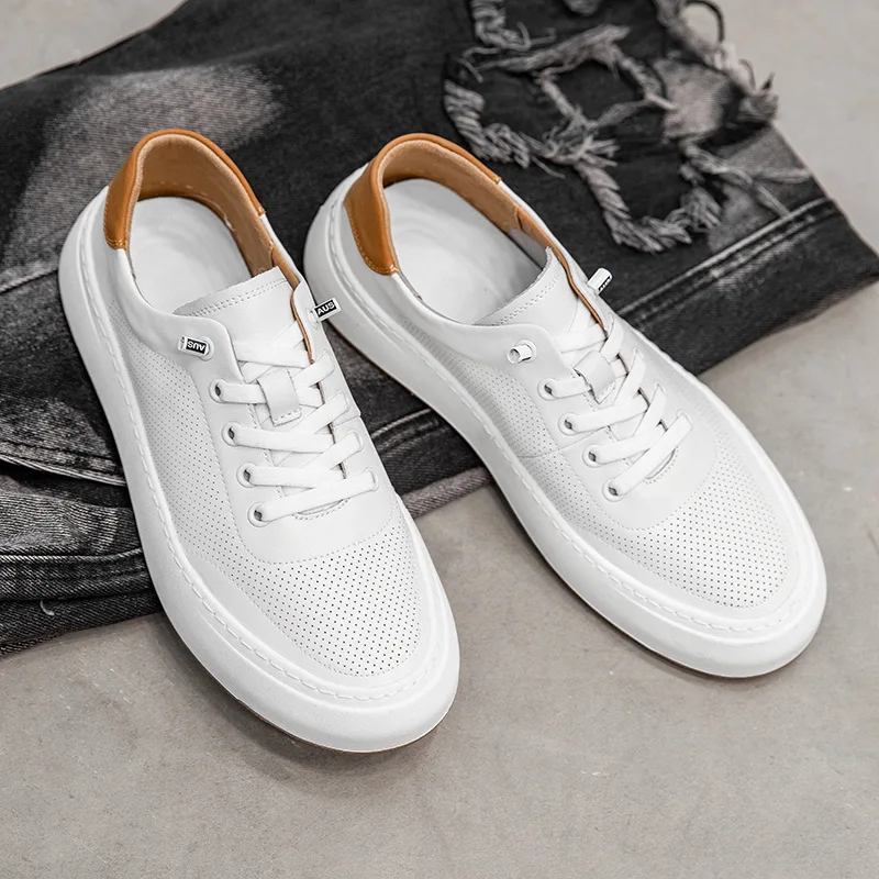 

New Summer Men High Quality Leather Shoes Vintage British Dress Loafers Designer Shoes Breathable Lace-up Luxury Sneakers White