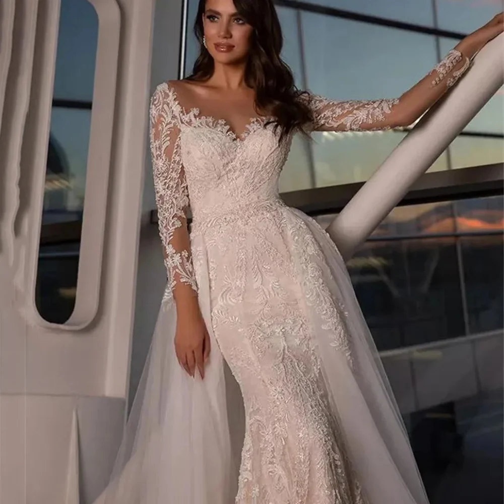 Vestidos de casamento requintados personalizados sereia querida vestido de noiva manga longa trem destacável vestidos de noiva novia