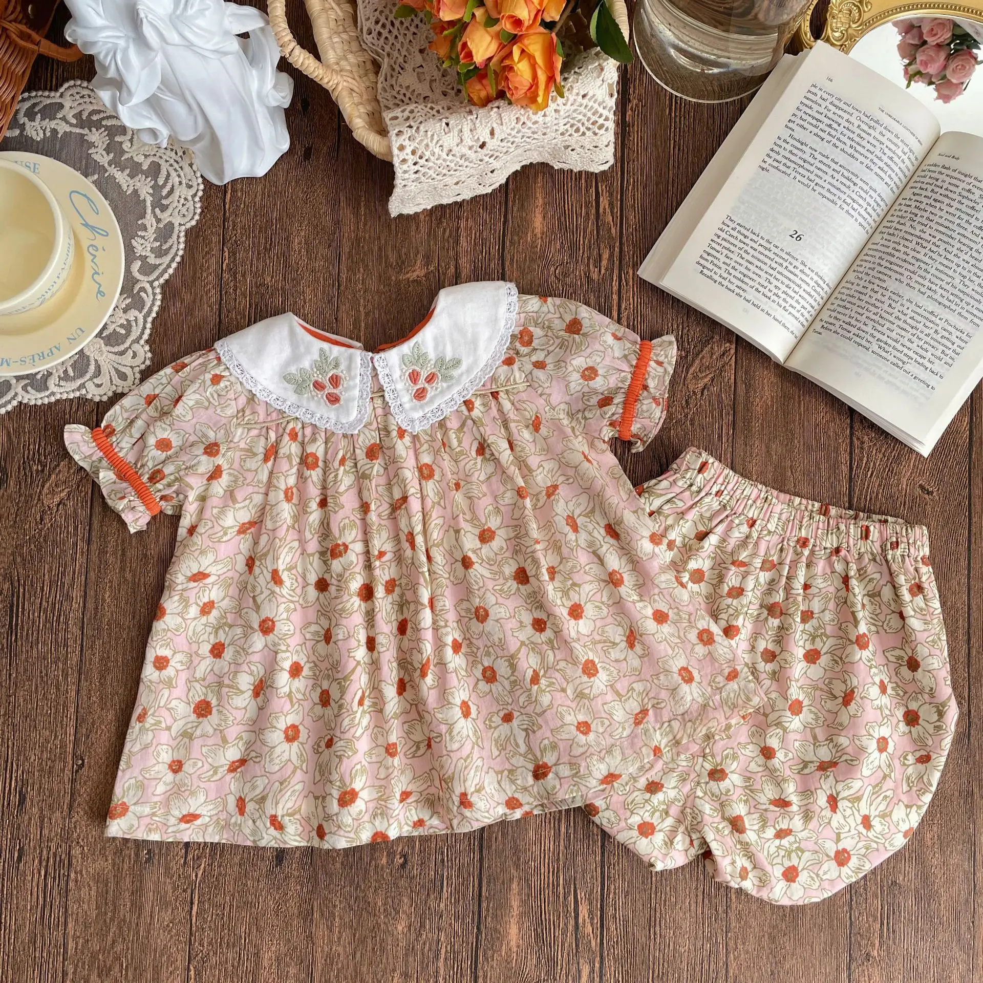 

Girls Set 24 Summer BA Girls' Countryside Style High Fixed Heavy Industry Embroidered Flip Collar Doll Shirt Two Piece Set