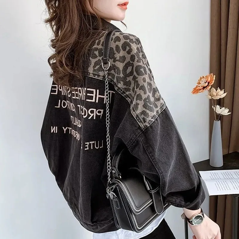 Spring Autumn Trendy Leopard Print Tops 2024 Women Large Size 4XL Printing Denim Coat Korean Ladies Fashion Short Jeans Jacket