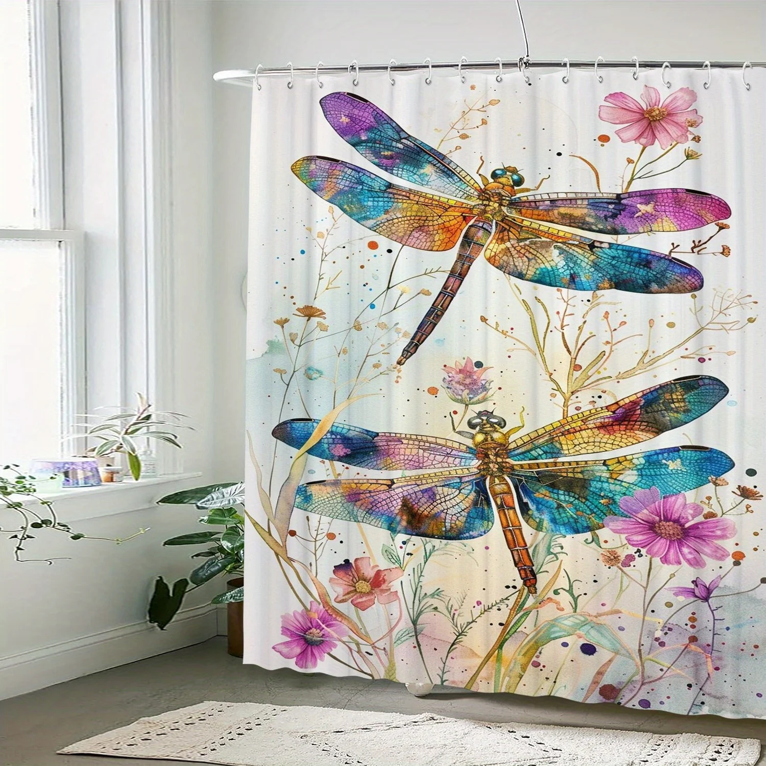 Dragonfly Pattern Shower Curtain,, with 12 Hooks, Suitable for Rooms, Homes, Hotels, Machine Washable, Bathroom Curtain, 1pc