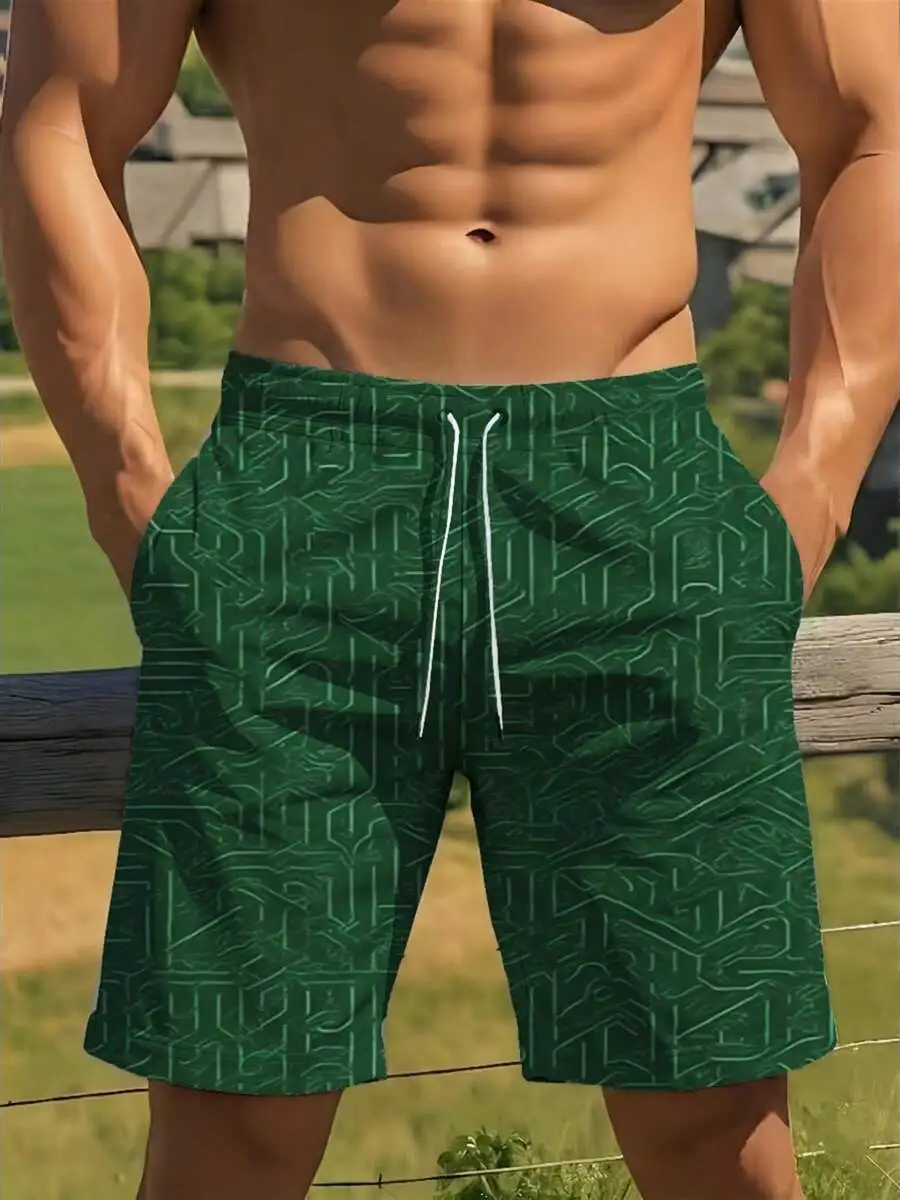 Shorts de Playa para Hombre, Tejidos con Patrón de Circuitos Verdes, Transpirables, de Secado Rápido, para Vacaciones de Verano, Traje de Baño