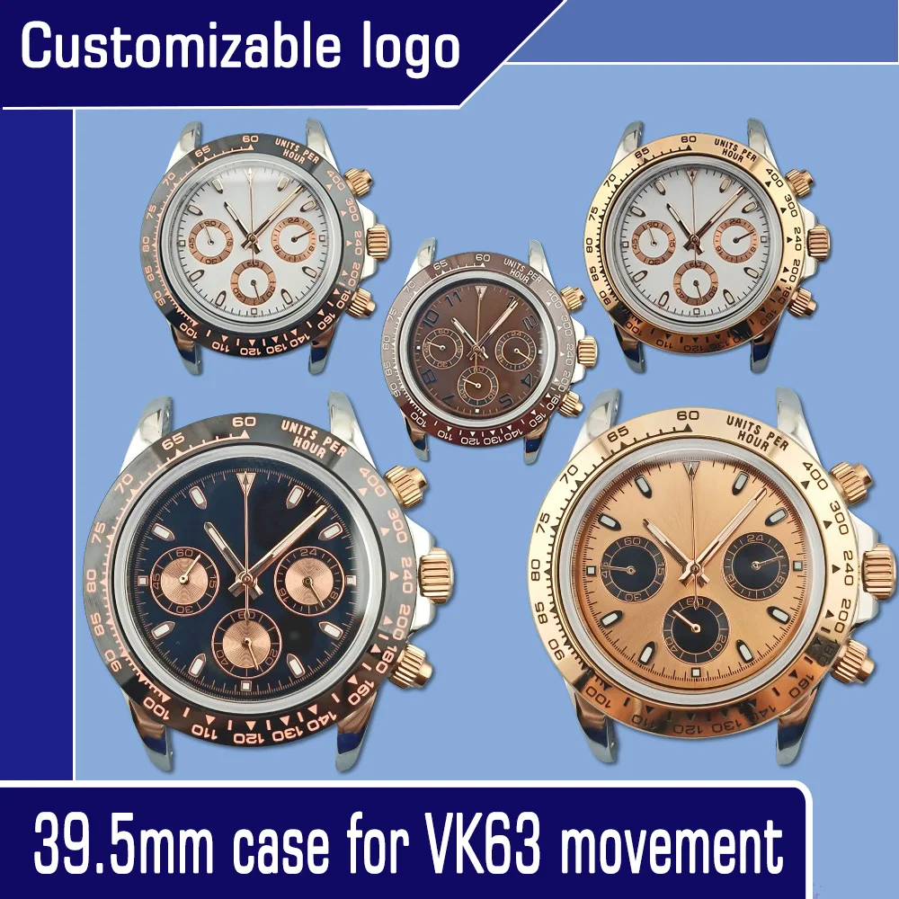 

39.5mm VK63 Silver and Rose Gold Watch Case Luminous Panda Fits VK63 Movement 316L Stainless Steel Sapphire Glass Waterproof