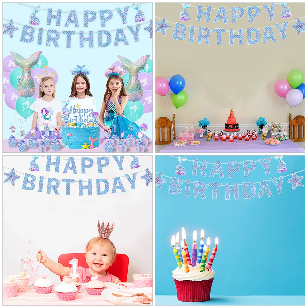 

1Set Ocean Theme Birthday Decoration Pull Flag DIY Banner Cake Picks Party Supplies Birthday Banner Pull Flag for Decor