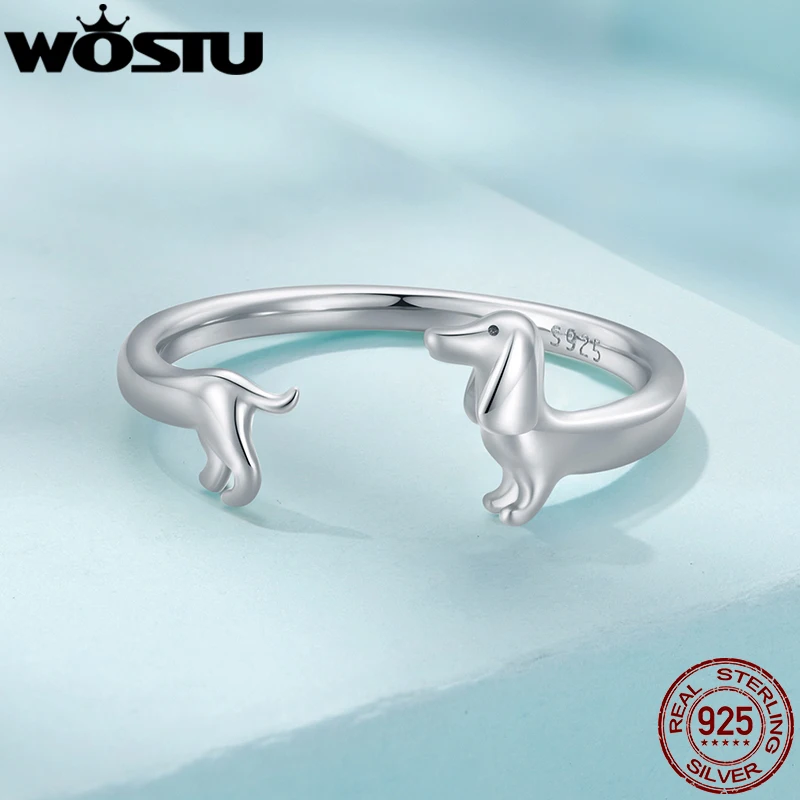 WOSTU Real 925 Sterling Silver Cute Dachshund Dog Adjustable Rings