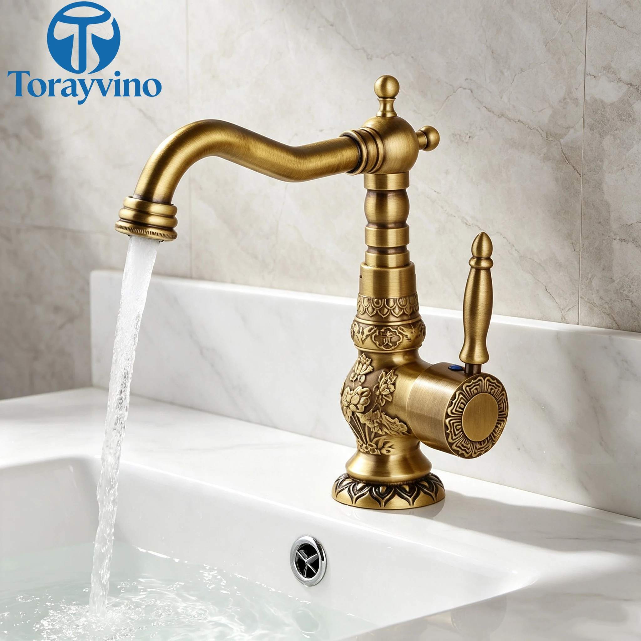 Torayvino Bathroom Basin Luxury Antique Brass Single Handle Faucets 360 Swivel Spout Sink Hot Water Faucet Mixer Tap For Kitchen