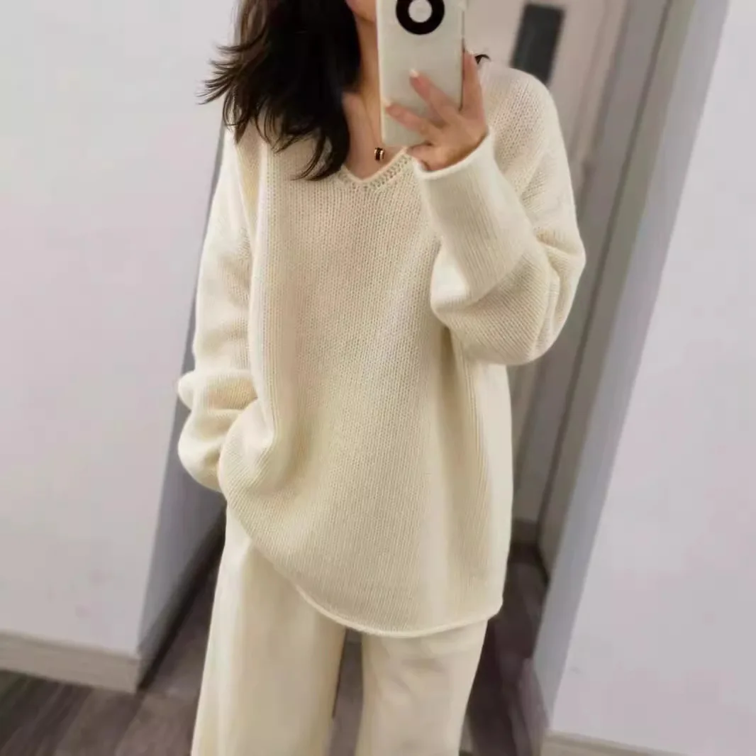 New European Autumn And Winter Mid-length V-neck 100 Pure Wool Sweater Women's Loose Lazy Sweater Outer Wear Knitted Base Shirt