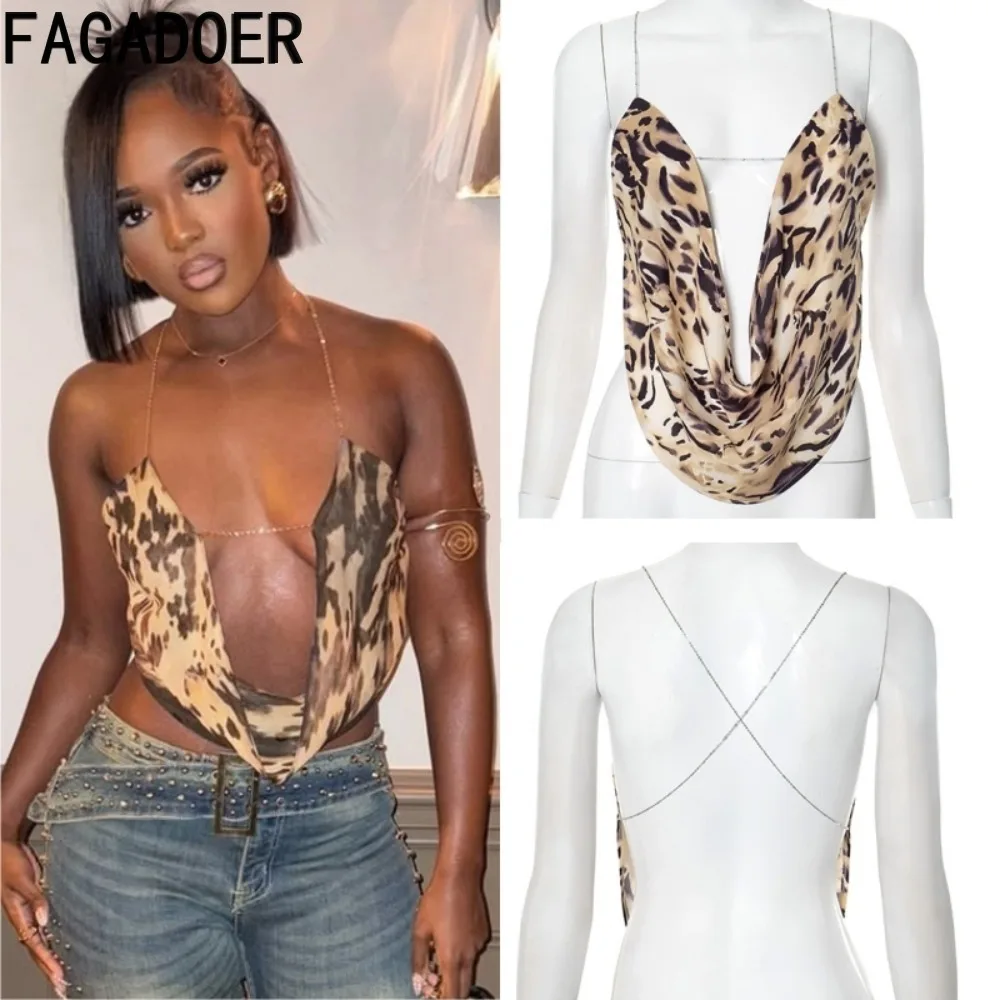 

FAGADOER Sexy Leopard Print T-shirt Women Halter Deep V Neck Backless Ruched Patchwork Tshirt Female Streetwear Clothing 2025