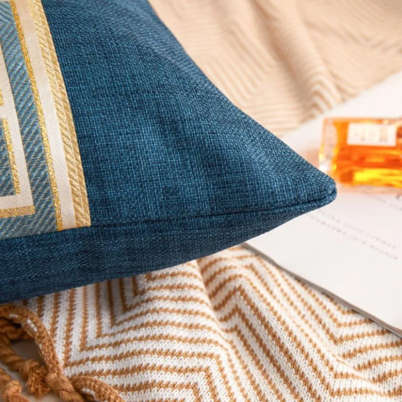 Griechischer Schlüssel-Kissenbezug, Polyester-Leinen, Jacquard-Muster, Dekor, Raum-Kissenbezug, Großhandel, 45 x 45 cm, gemütlicher Bauernhaus-Kissenbezug – Detail 4