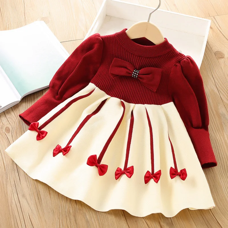 

Girls' Dress Fashionable Winter New Stylish Children's Baby Knitted Bow Puff Sleeve Sweater Dress