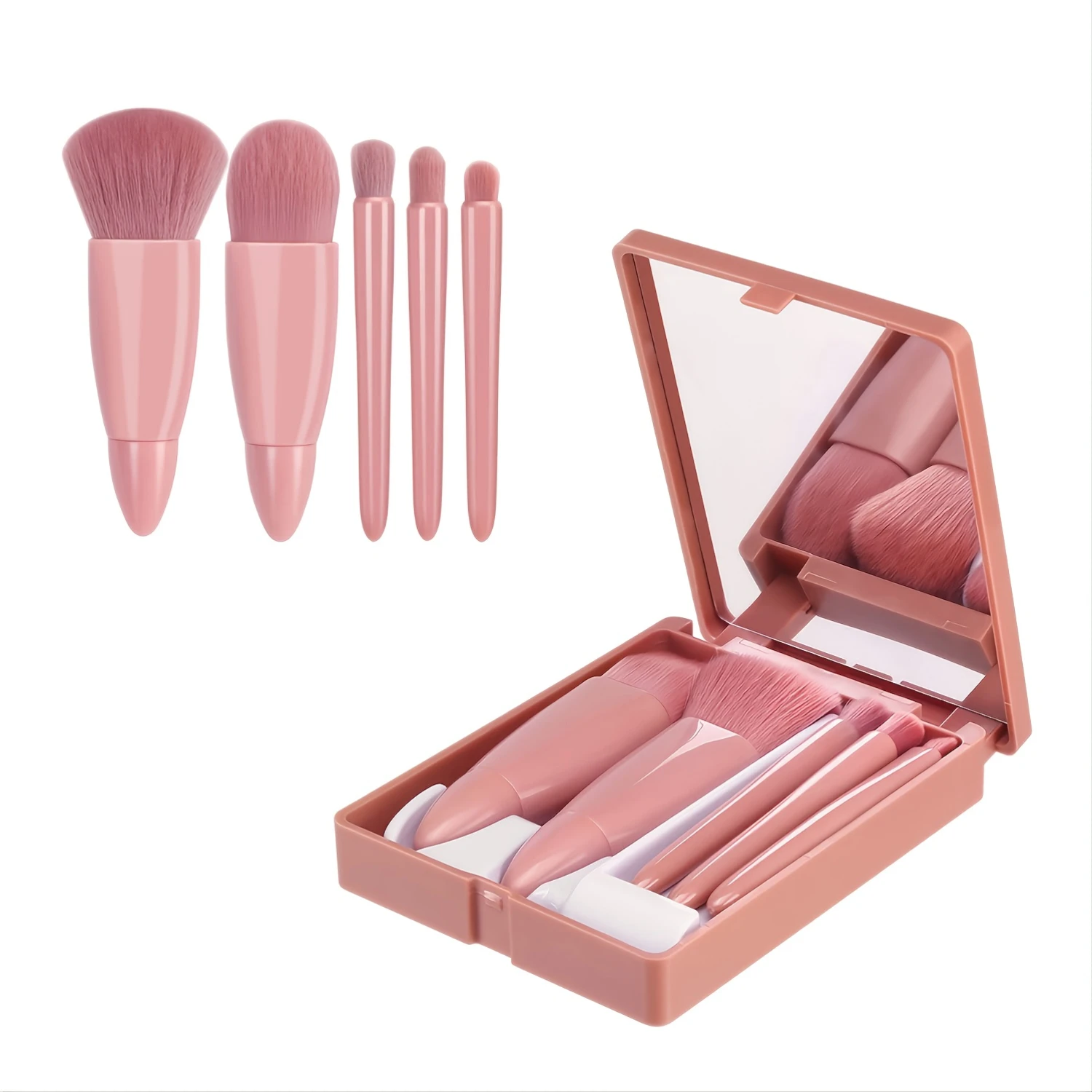 Easy-taken Travel Makeup Brush Set, 5pcs Mini Complete Function Cosmetic Brushes Kit (5pcs With Mirror) Eyebrows brush Bronzers