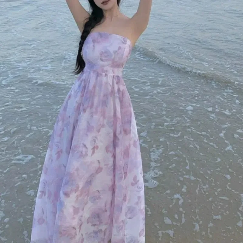 Women Summer Floral Print Sexy Off Shoulder Backless Elegant Party Dresses High Waist Lace-up Sleeveless Slim Beach Maxi Dress