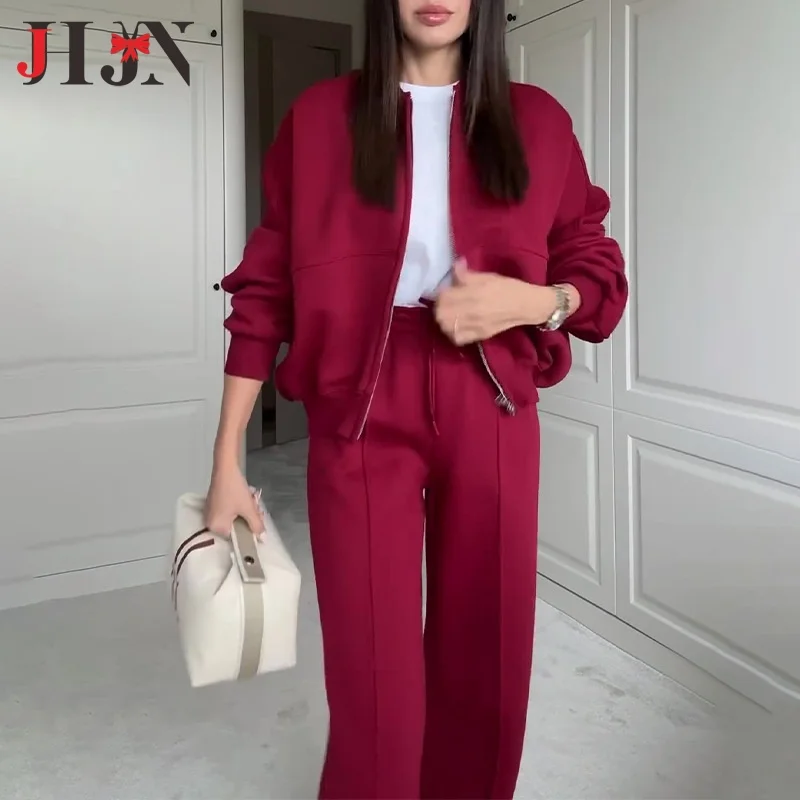 2024 New Style Women Pants Set Solid Color Slim Fit Zipper Cardigan O-Neck Hoodies Casual Drawstring Sweatshirt Female Two Sets