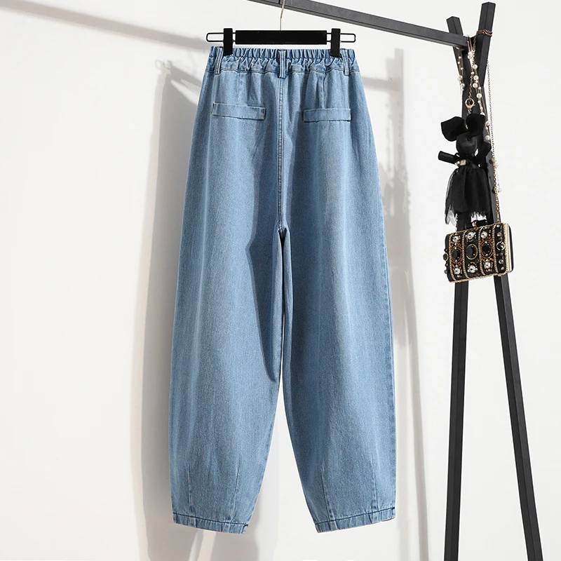 Oversized Women Jeans Spring Elastic Waist Wide Leg Loose Denim Harem Pants Large Size Female Baggy Pants