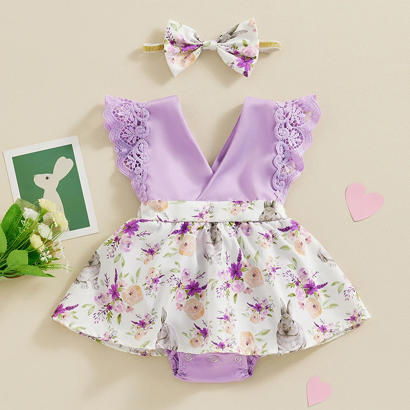 2023-12-30 Lioraitiin Newborn Baby Girl Easter Outfit Bunny Floral Romper Dress V-Neck Lace Skirted Bodysuit  Headband Set