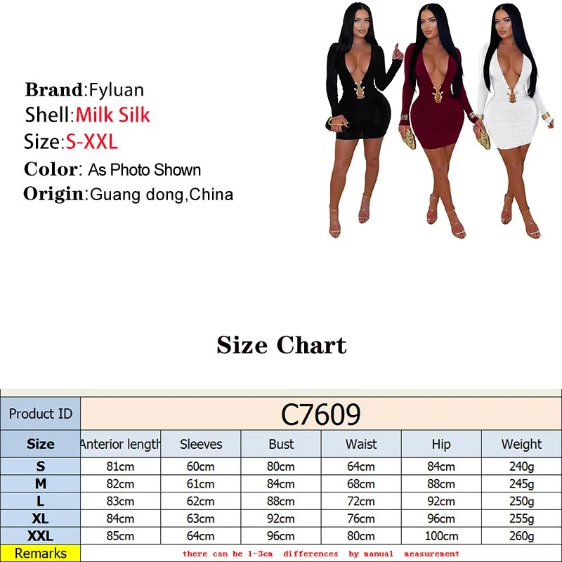 Mini abito sexy Moda Abbigliamento donna Abito aderente a maniche lunghe con scollo a V profondo Tinta unita Abito medio da donna Abito da festa in discoteca