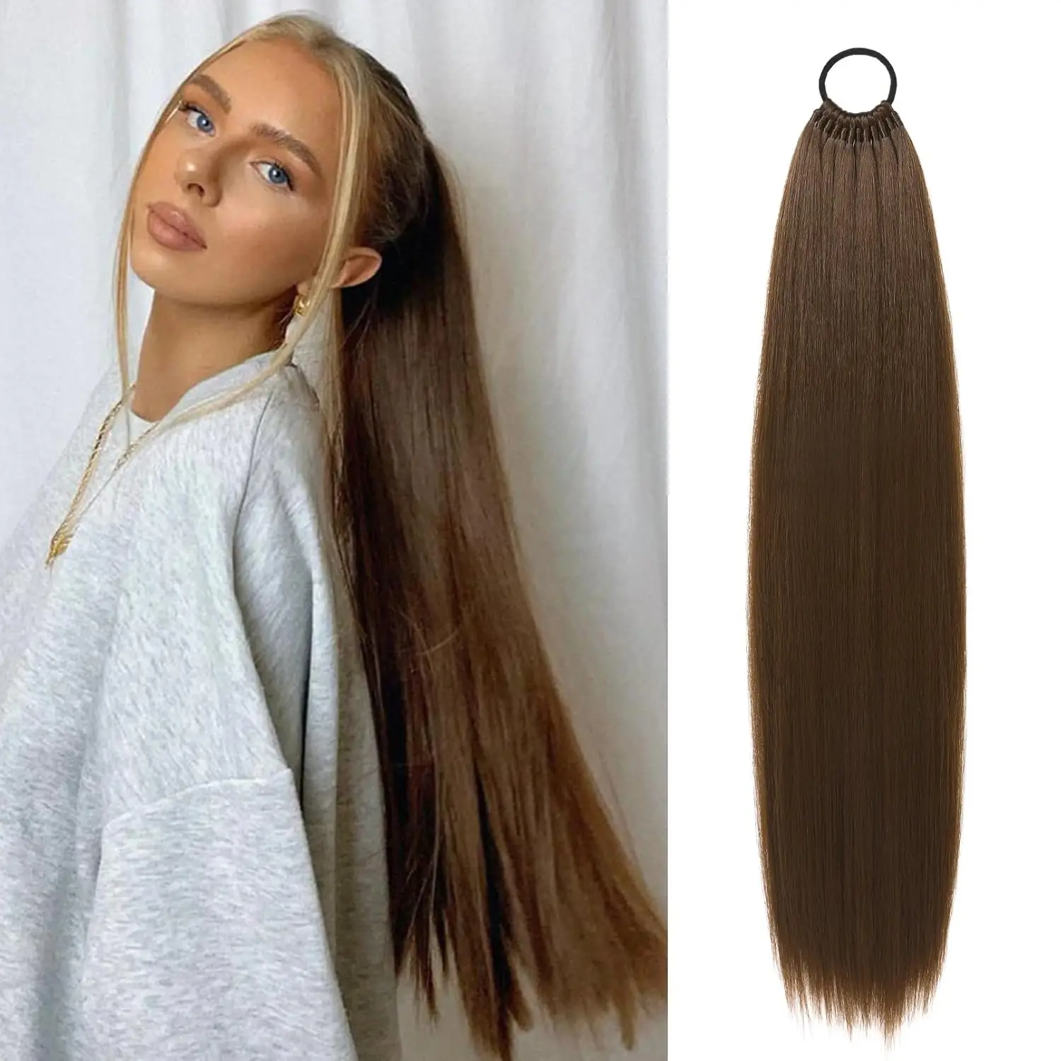 

32 Inches Straight Long Ponytail With Rubber Band Synthetic Heat Resistant 27-613 #30 Twist Braid Blonde Ponytail Extensions