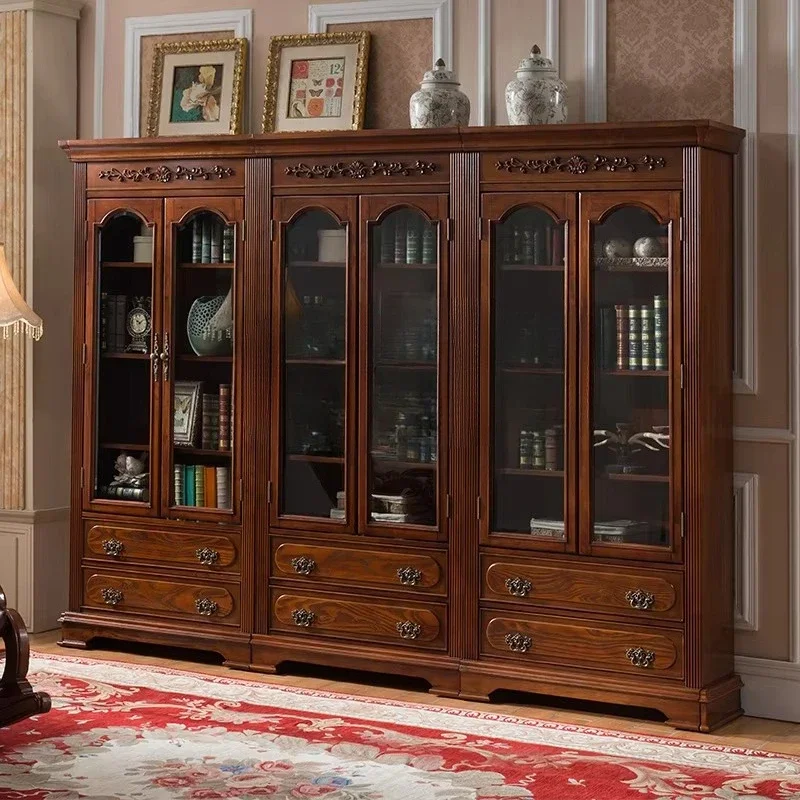 Antique hand-carved wooden double-door bookcase glass door display
