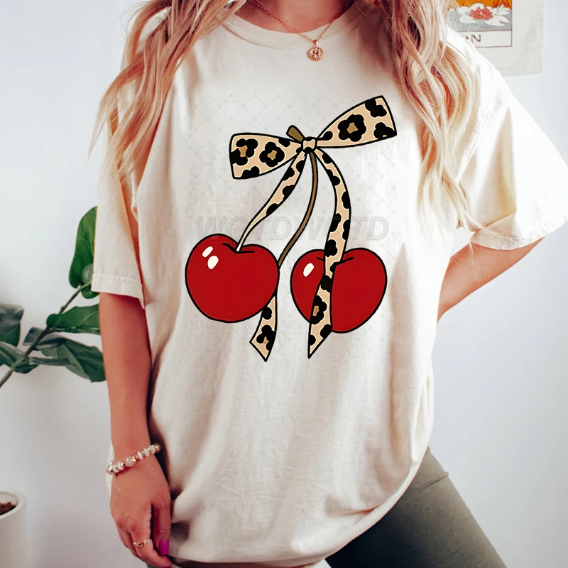 Casual Bow and Cherry Leopard Print T Shirt Women Trendy Harajuku Y2K Fashion Streetwear T-shirt Coquette Bow Cherry Clothes
