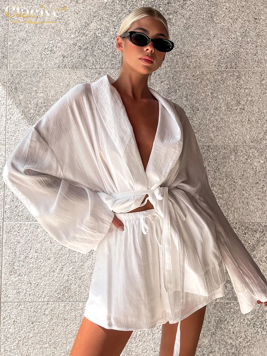 Clacive Casual White Home Suits Elegant Loose High Waist Shorts Set Fashion Long Sleeve Lace-Up Robe 2 Piece Sets Women Outfit