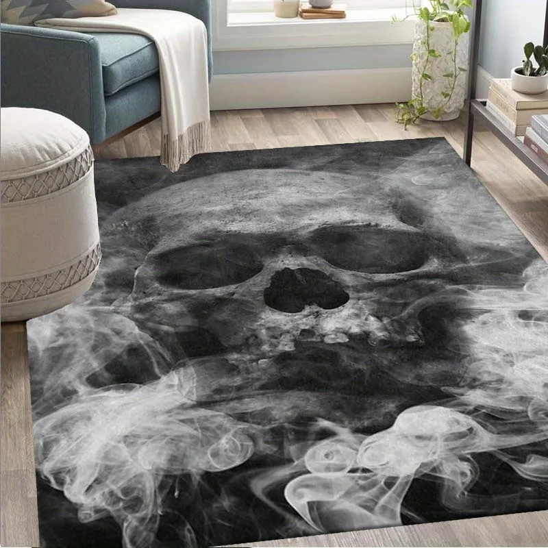 

1pc Smoked Skull Area Rug Crystal Velvet Non-Slip Mat, Gothic Skull Design for Living Room, Bedroom, Outdoor Patio &