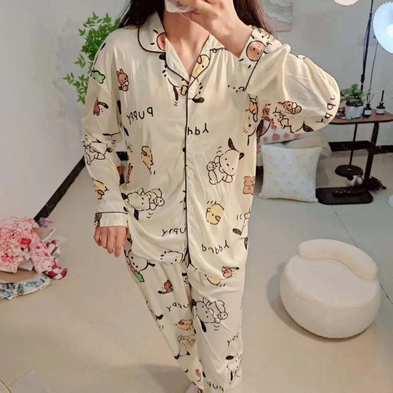2025 primavera novo pijama de cachorro Sanrio Pacha feminino nuvem algodão fino terno de manga comprida doce e pode ser usado fora loungewear
