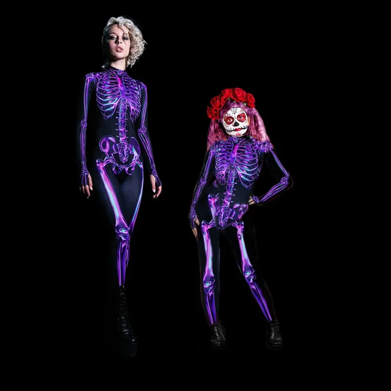 Halloween Scary Skeleton Costume Adult Kids Family Horror Skull Jumpsuit Carnival Party Women Sexy Devil Scary Ghost Bodysuit