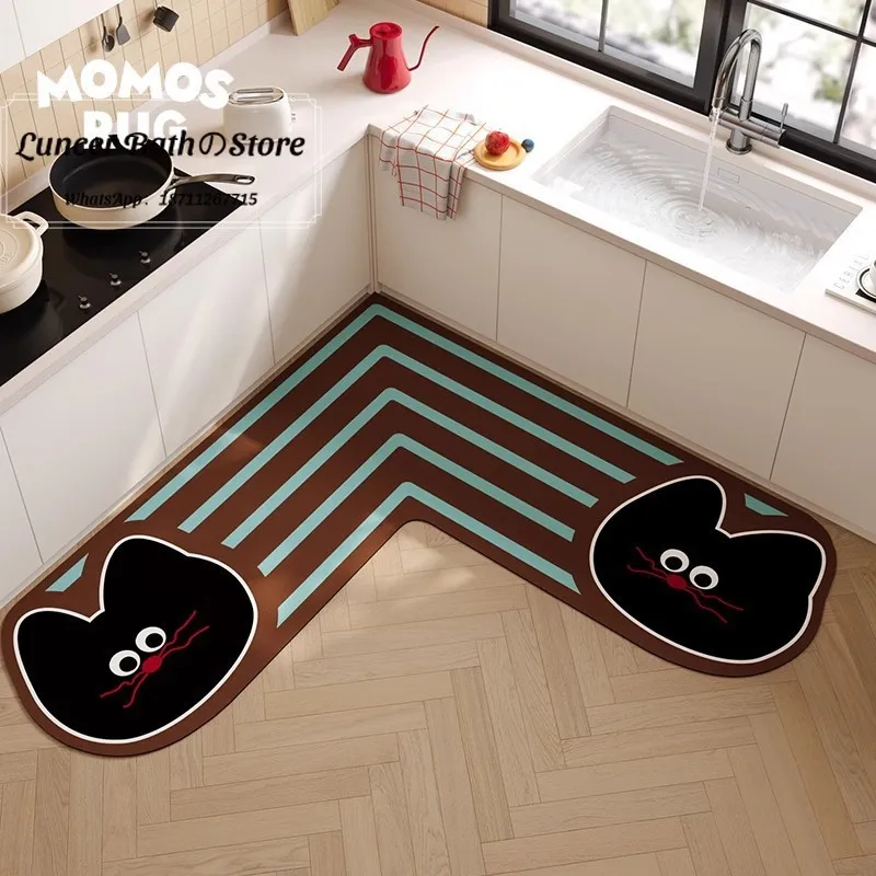 Retro baby elephant L-shaped kitchen special corner floor mat Diatom mud non-slip water-absorbing quick-drying floor mat