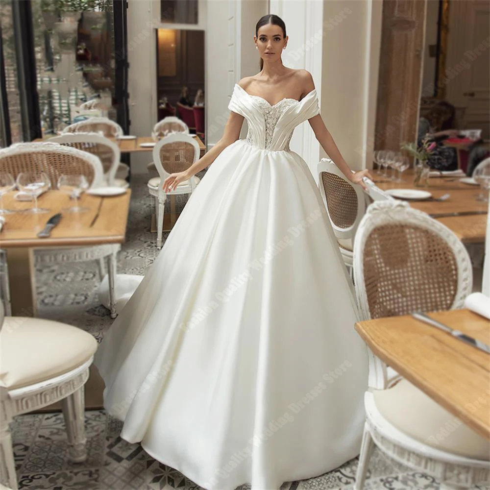 

Delicate Satin Finish Lady Wedding Dresses Elegant Off The Shoulder Bridal Gowns Latest Launch Mopping Length Vestidos De Novias