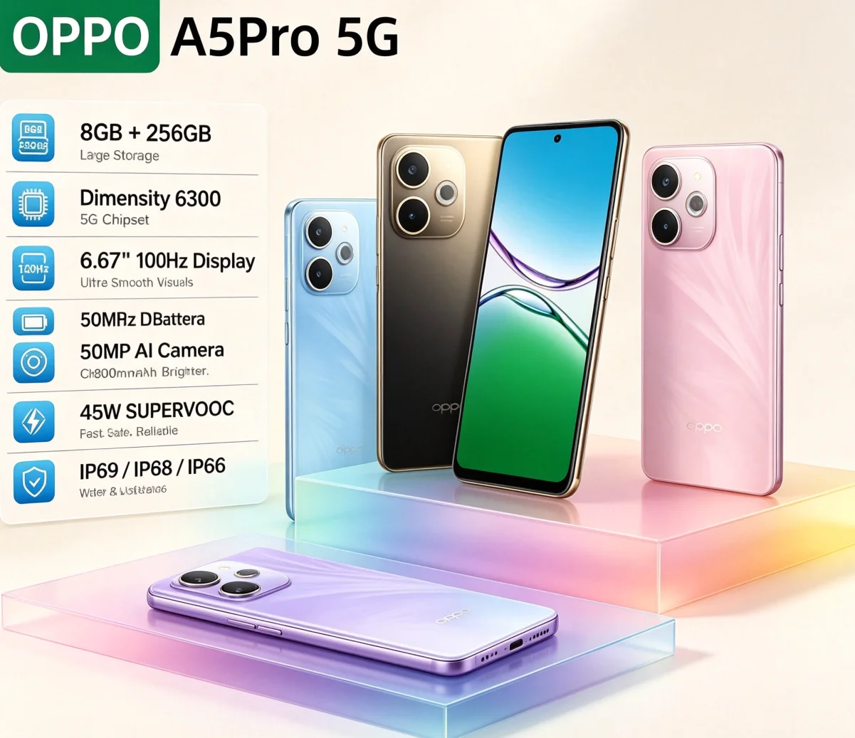 Viral 2026 Brand New OPPO A5Pro Global Unlocked Smartphone Dual‑SIM 8+256GB Capacity 6.5 Inch HD+ Waterdrop Display MediaTek
