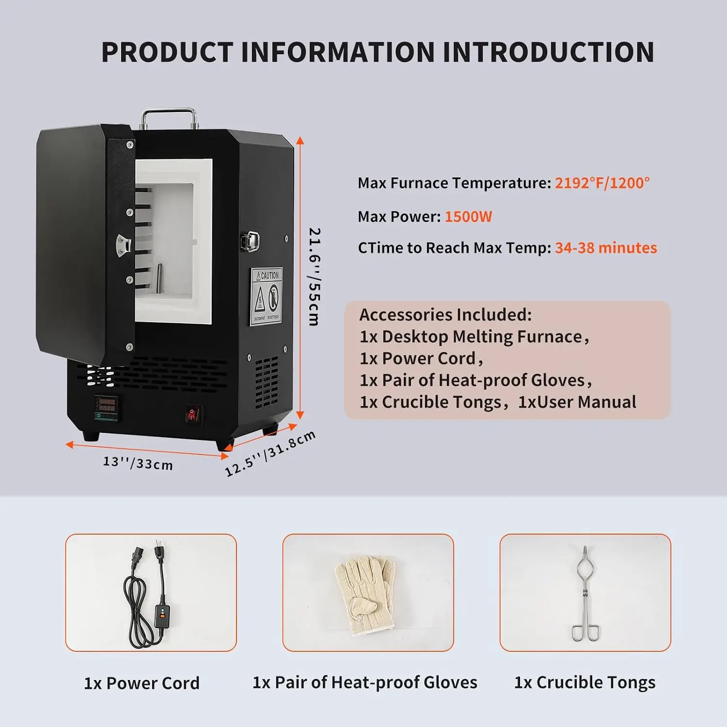 1500W Programmable Electric Kiln Furnace with Multi-Stage Temperature Control, 1200℃/2192℉ Max,Compact Tabletop Melting Oven for