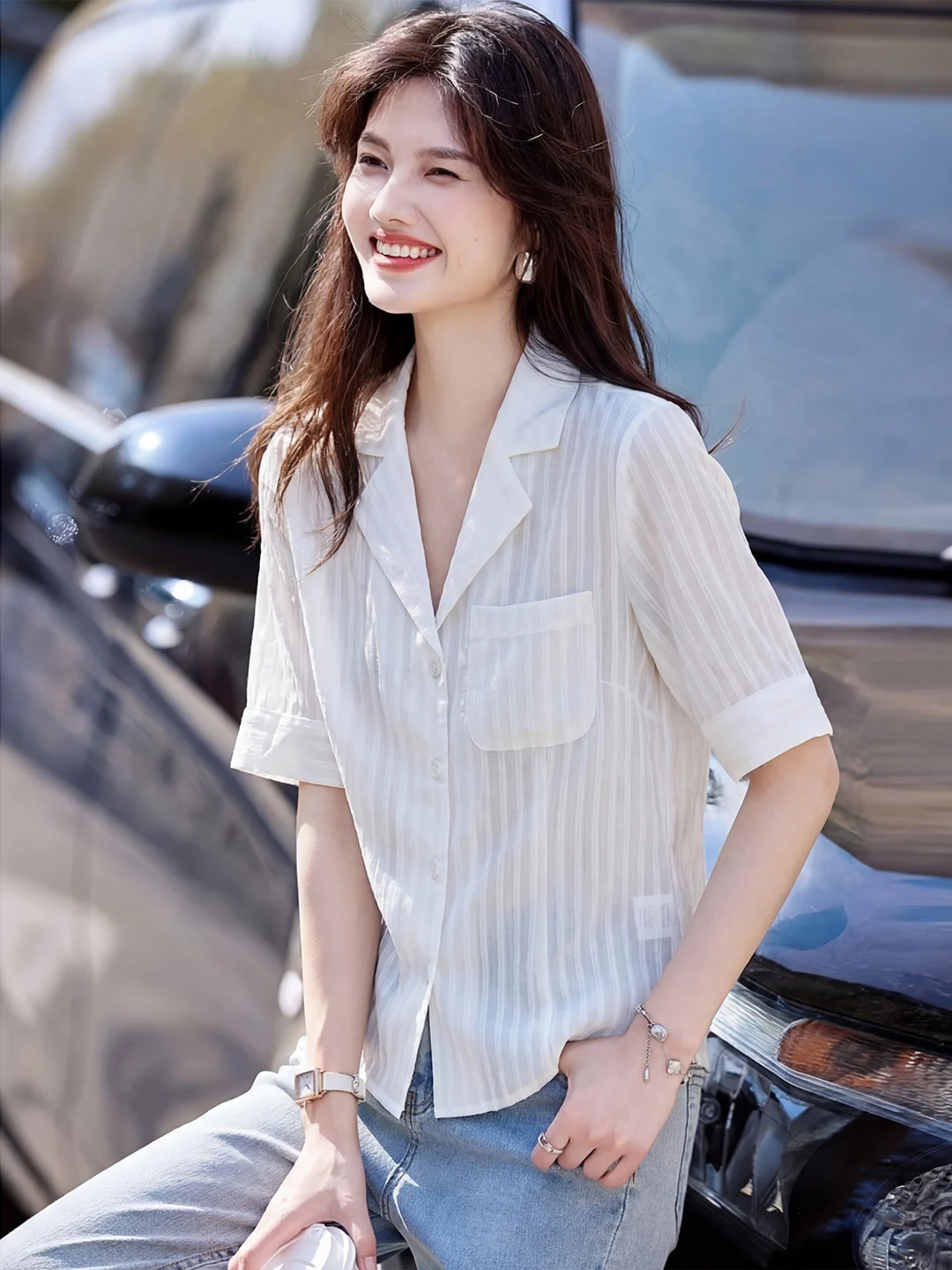 

Xin Fei Yu Women's Breathable Stripe Short Sleeve Shirt Casual Slim Fit Commute Comfortable Flip Collar Summer New Style