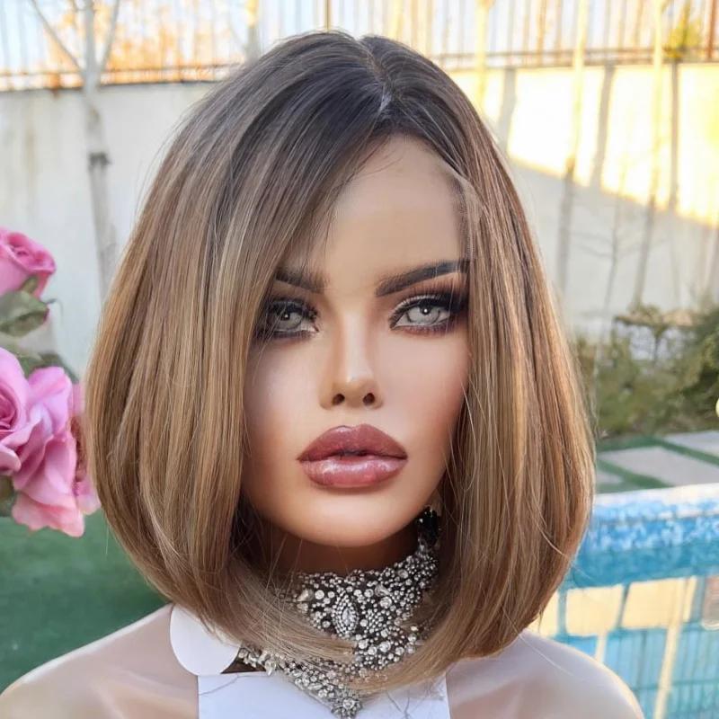 

Dark Roots Synthetic Lace Wigs Short Bob Wear and Go Glueless Wig For Women Cosplay Wig Brown Futura Soft Fibre Wigs
