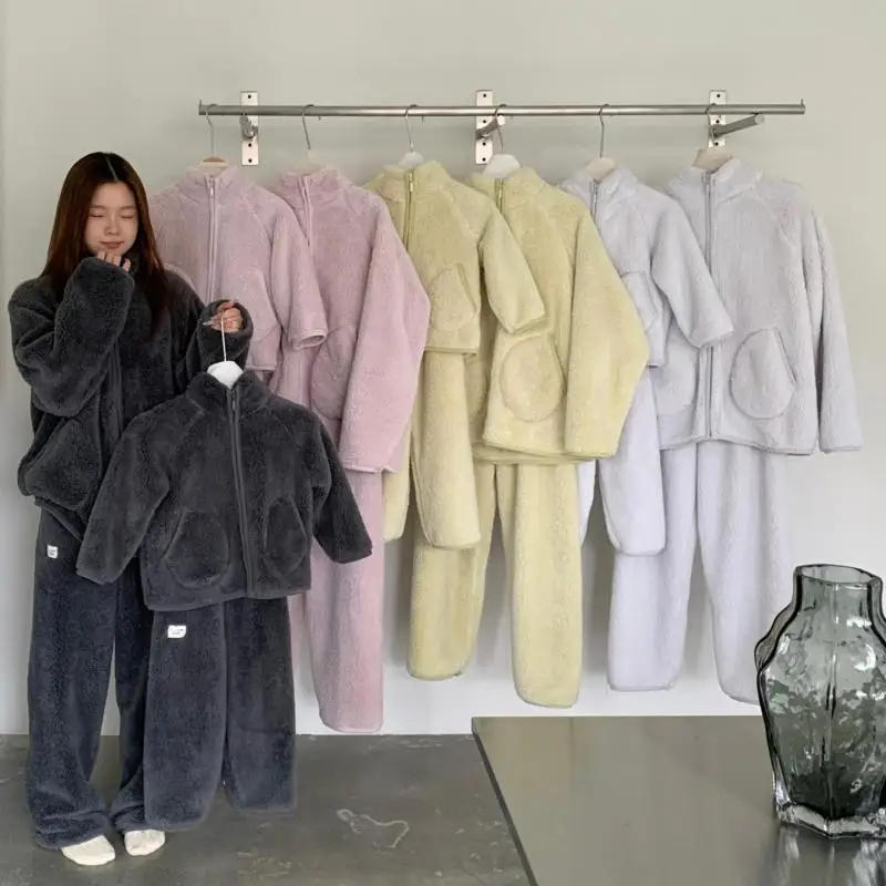 2026 Winter New Children Plus Velvet Thick Home Clothes Set Boys Girls Zipper Coat + Pants 2pcs Suit Kids Warm Pajamas Outfits